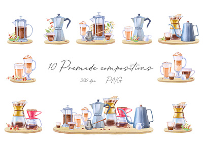 Watercolor coffee drinks and brewing methods illustrations illustration