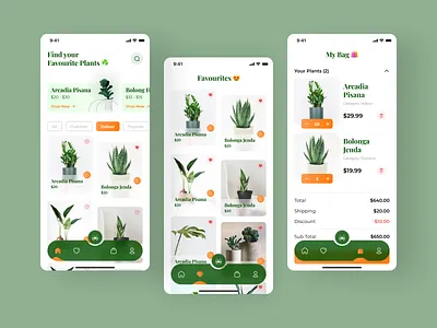 Plant Shop - Mobile App UI app design checkout page ecommerce app favorite page online shopping online store plant shop app plants plants app plants shop product page ui design uiux ux design