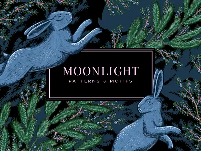 MOONLIGHT - patterns & motifs animals blue branding bunny design drawing fabric design graphic design hand drawn hare illustration pattern pattern design rabbit seamless pattern surface design textile design vintage wallpaper winter