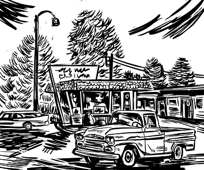 Abandoned City black and white digital ink motel old truck procreate sketch