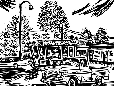 Abandoned City black and white digital ink motel old truck procreate sketch