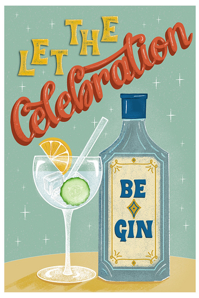 Celebration Gin celebration design greetings card hand lettering illustration procreate pun vintage