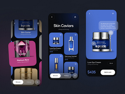 Skincare Ecommerce app - Mobile App app design black ui cosmetics dark ui e commece ecommerce mobile online shop online store skin skincare store ui