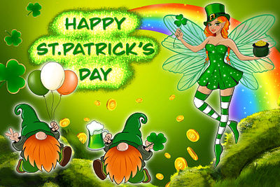 Happy St.Patrick's Day card coins fairy gnome gold good luck green greeting card happy st.patricks day ireland irish patrick day