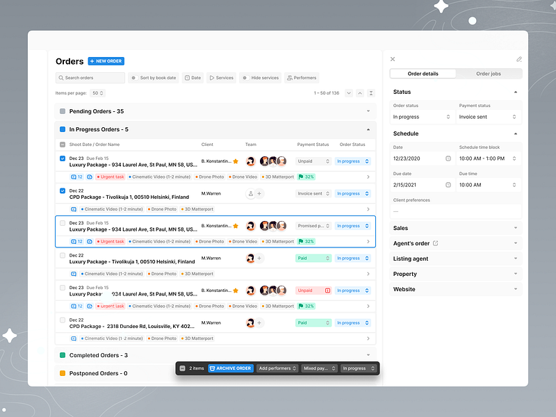 Tonomo: Dashboard orders automated scheduling crm dashboard management photography crm project management real estate saas self service booking teamwork tonomo ui ux web web app web design website