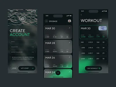 Ergbase – Rowing Machine Workout App app clean dark theme interaction interface ios ios 15 iphone 14 pro mobile app mockup noize rowing machine sport app ui ux