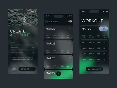 Ergbase – Rowing Machine Workout App app clean dark theme interaction interface ios ios 15 iphone 14 pro mobile app mockup noize rowing machine sport app ui ux