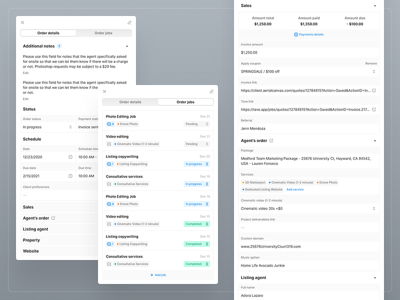 Tonomo: Order details agent automated scheduling crm dashboard management modals order deails order jobs photography crm project management property real estate saas schedule self service booking teamwork tonomo web app