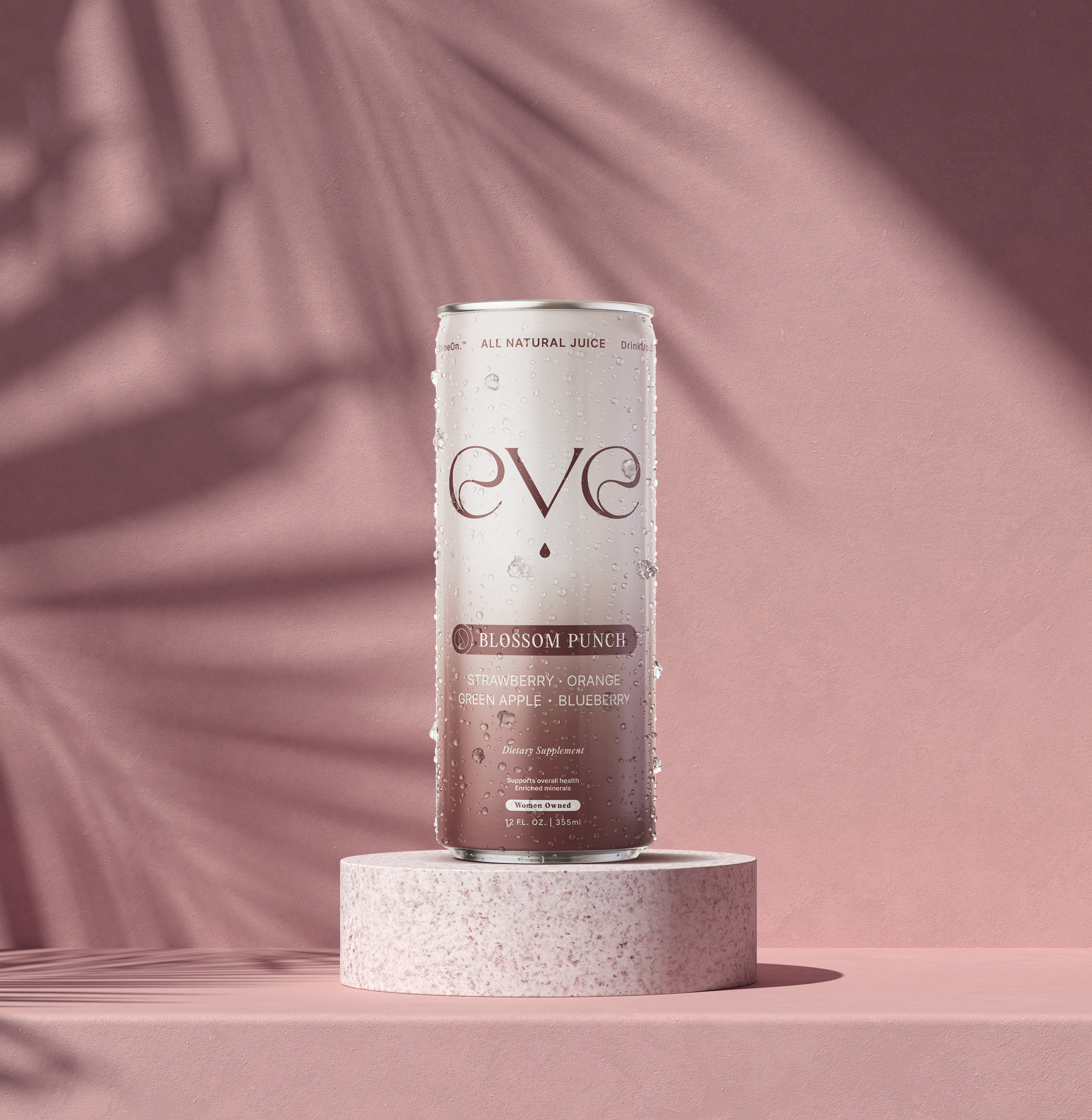 Label design for EVE's new functional juice beverage. beverage branding design energy drink eve juice beverage functional beverage gradient juice label design labelgurus logo maroon mockup packaging design sleek can topshelf women owned