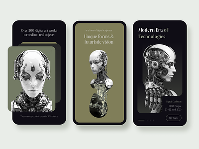 Modern art exhibition 3d 3d form ai app artificail intelegence black and white clean cool futuristic gallery generated illustration midjorney mobile modern robots srt trends ui ux