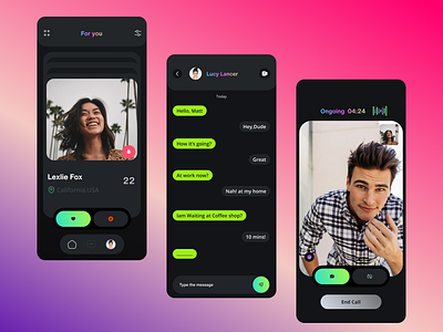 Dating app mobile visual design artificial intelligence call feature clean and minimal dating app gradiants matching feature pink color romance ui user experience ux visual design