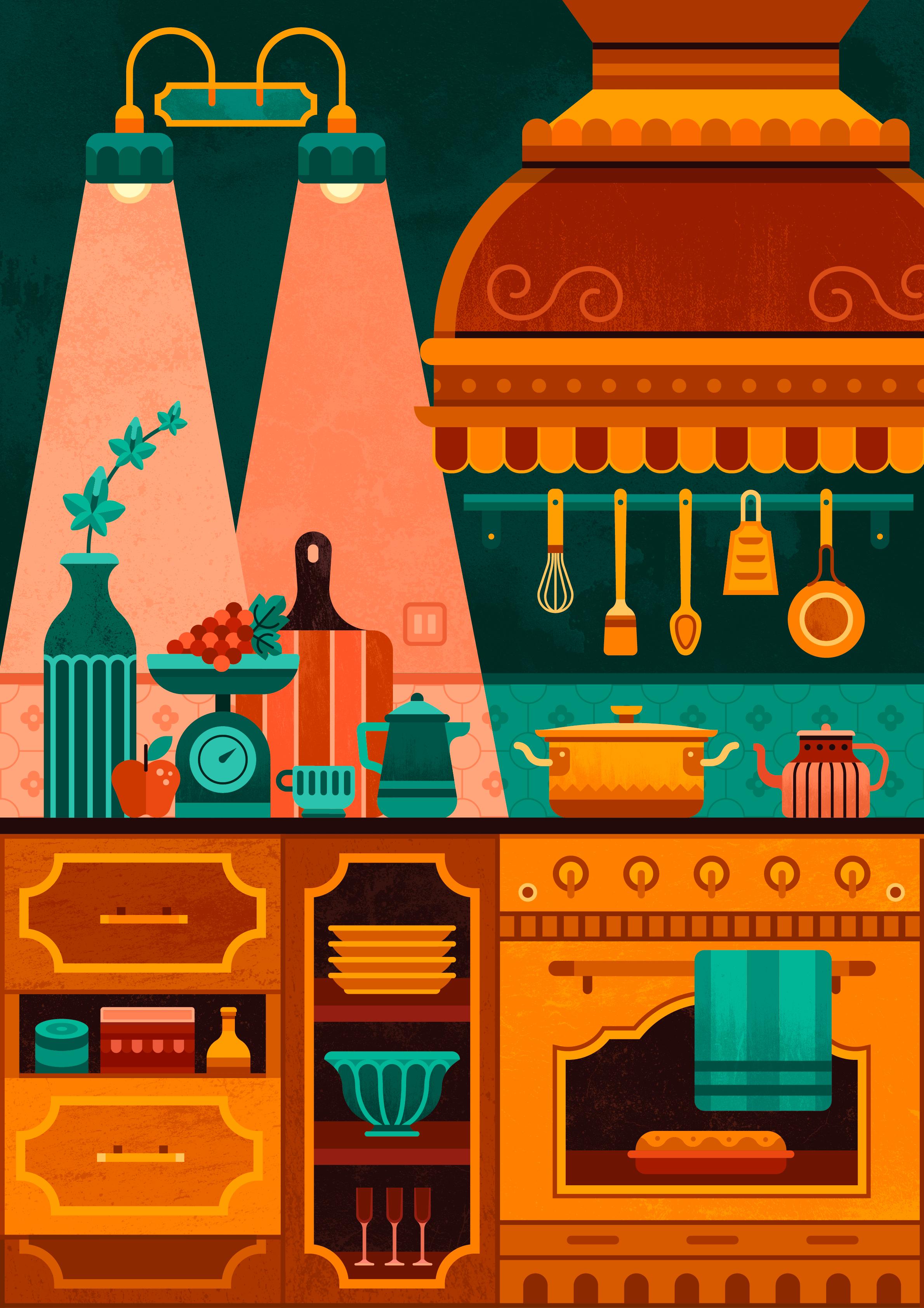 Design kitchen abstract adobe illustrator bakery design food forniture geometric grapes illustration kitchen light oven pan pattern pottery scale shelf texture utensils vector