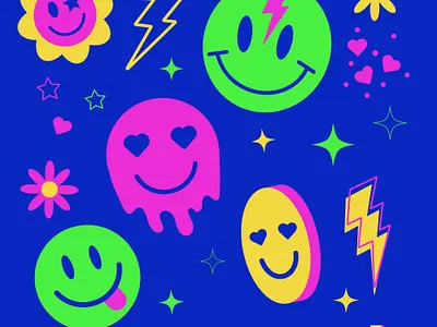 A set of emoticons with different emotions in acid colors in the funny