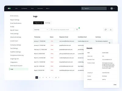 Logs page design branding design logs table ui ux