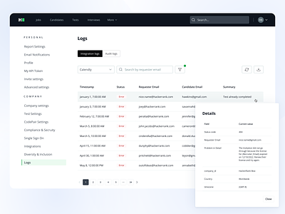 Logs page design branding design hackerrank logs table ui ux