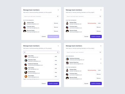 Manage team members modal add add member add team confirm changes design system existing team members invite team manage team members management project removal pending remove team remove users search team search users team management team members ui kit users web app
