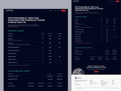 Covid testing pricing page dark layout marketing site pricing page design table design