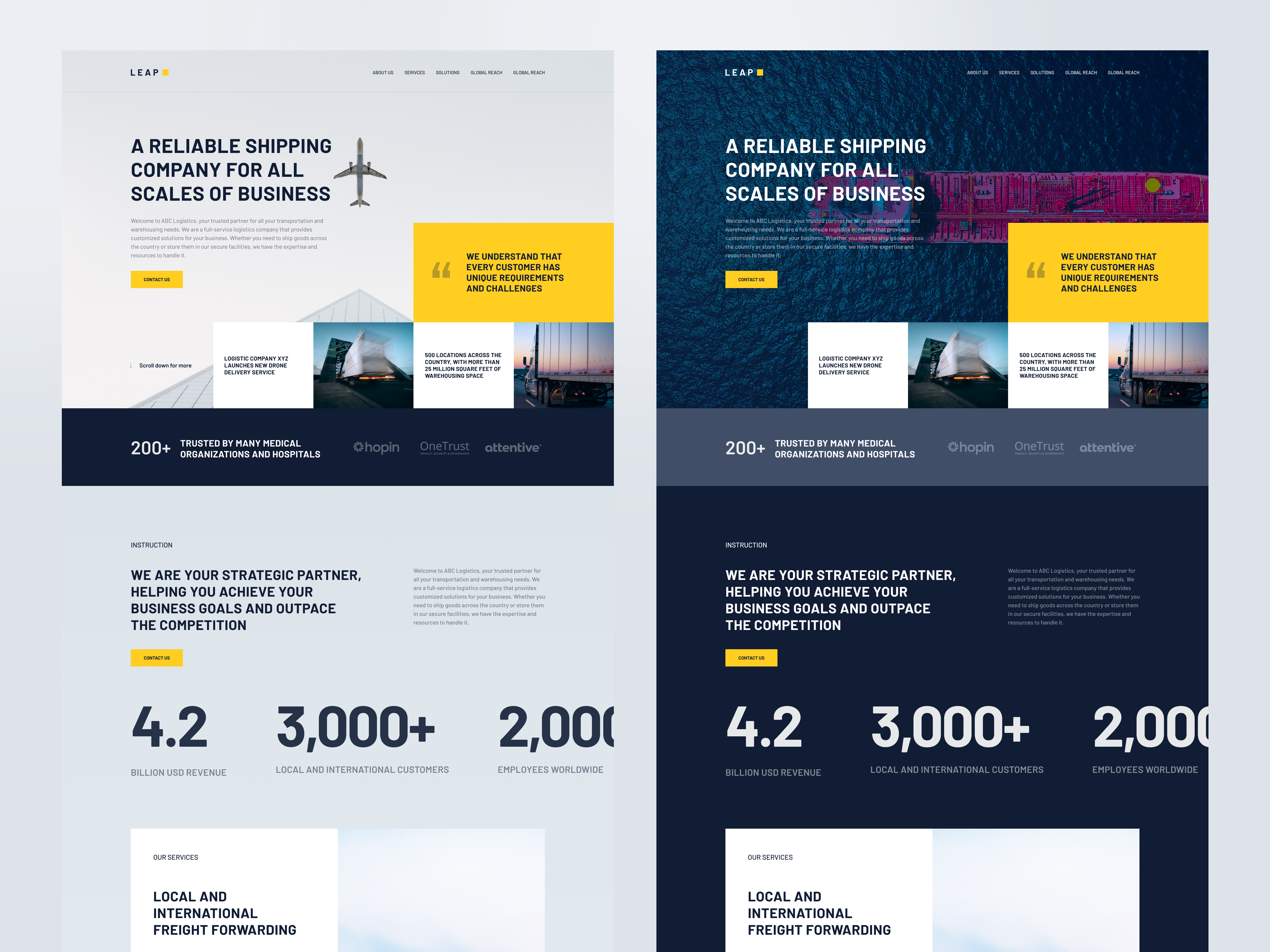 Light Mode, Dark Mode for Website branding clean dailyui design flat homepage landing page logistics minimal page profressional ui ux web design website website company