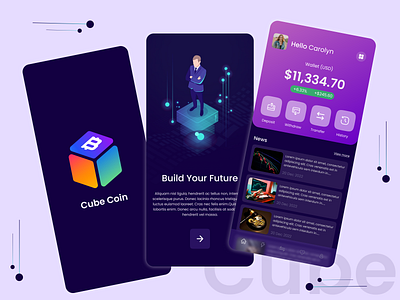 Cube Coin - Crypto Currency App app app design application blue creative crypto crypto currency currency dark design history mobile mobile app money theme transection typography ui uiux wallet