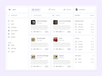 Find Job Dashboard app cv design find job ui ux web website