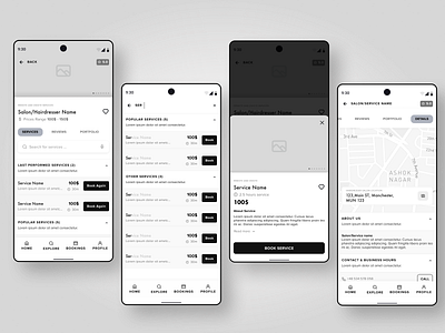 Hairdresser Profile - Appointment Booking App (Lo-Fi) application appointment checkout design designer dribbble flow lo fi location mobile process prototyping ui uiux user userexperience userinterface ux wireframe