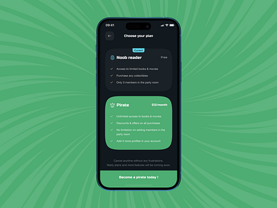 Piratoon Subscription Plan | Pricing | Clean & Dark App Design comic comic book app dark ui interaction design mobile app mobile app design movie app plan pricing product design shop app simple ui subscription ui design uiux design ux design