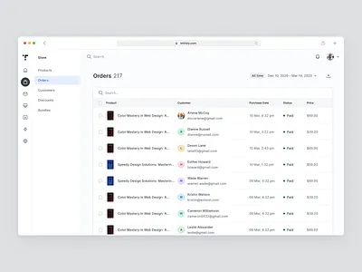 E-book Store - Orders component customers dashboard design system details filter grid order orders pages pricing product products search sidebar table