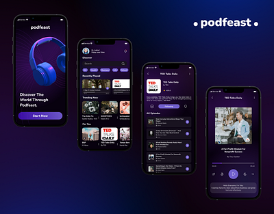 Podcast Apps Design - Podfeast app apps design black blue dark figma mobile app mobile design music podcast product design purple ui ui design ui ux uiux user interface ux