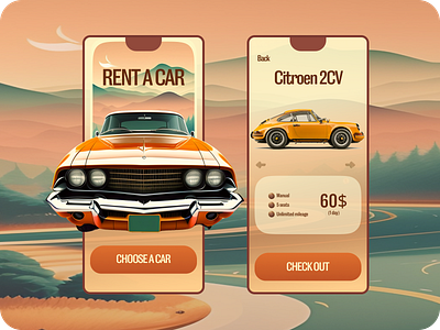 Mobile app for renting vintage cars design illustration ui