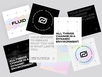 Fluid DAO - Visual identity design agency black and white blockchain branding cards dao fluid gradient graphic design grid holographic logo monochrome web3