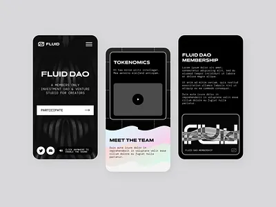 Fluid DAO - Website design black and white blockchain branding dao dark ui fluid graphic design holographic mobile monochrome web design web3