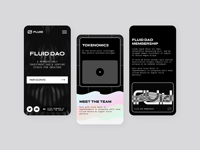 Fluid DAO - Website design black and white blockchain branding dao dark ui fluid graphic design holographic mobile monochrome web design web3