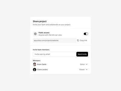 Share project modal invite minimalist modal popover product design saas saasdesign share link share modal share popover share project ui ux