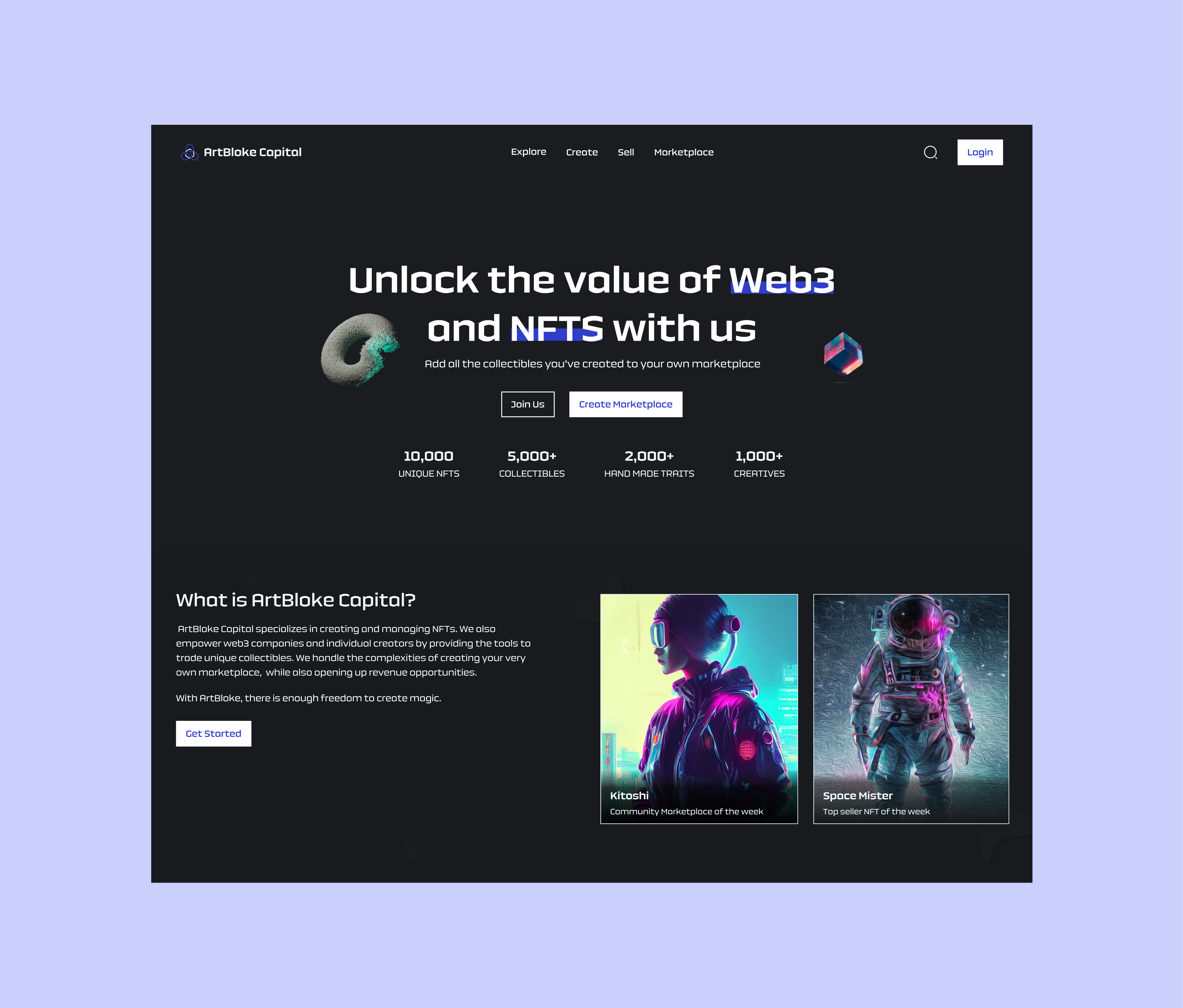 ArtBloke Capital - An NFT Blockchain Landing Page UI Design 3d blockchain design graphic design interaction design logo motion graphics nft product design ui ui design user interfsce ux design web3