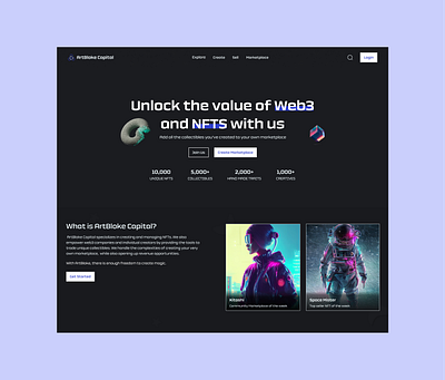 ArtBloke Capital - An NFT Blockchain Landing Page UI Design 3d blockchain design graphic design interaction design logo motion graphics nft product design ui ui design user interfsce ux design web3