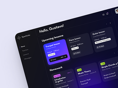 Music app Dashboard UI design app blue bright cards colors dark dashboard design elearning figma productdesign soul ui uiux ux violet