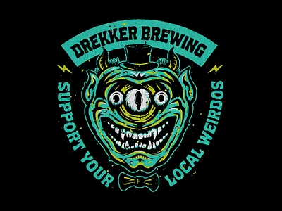 Support your local weirdos badge bowtie creepy drekker brewing eyes fargo horns illustration lockup monster north dakota weirdo
