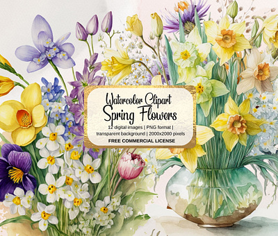 Watercolor Spring Time blue yellow flowers daffodils and crocuses daffodils clipart early spring flower floral clipart graphic design illustration spring bouquets spring clipart spring florals png watercolor clipart