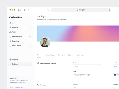 CloudGeek - Settings page for a saas dashboard dashboard design figma saas settings page ui ui design