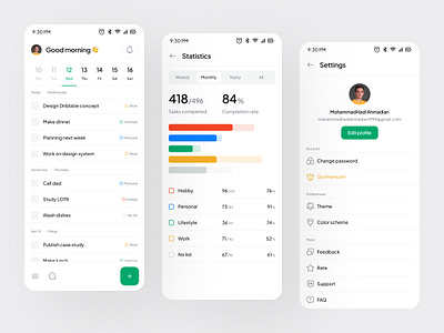 To-Do Mobile Application-Light Theme calendar chart clean design goal habit minimal mobile planner pomodoro progress schedule settings task todo todolist tracker ui user interface ux