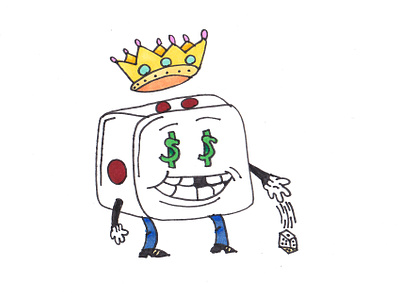 The King of Dice $ cartoon casino character crown dice drawing gamble gambling hand drawn illustration king markers missing tooth money rolling dice smile
