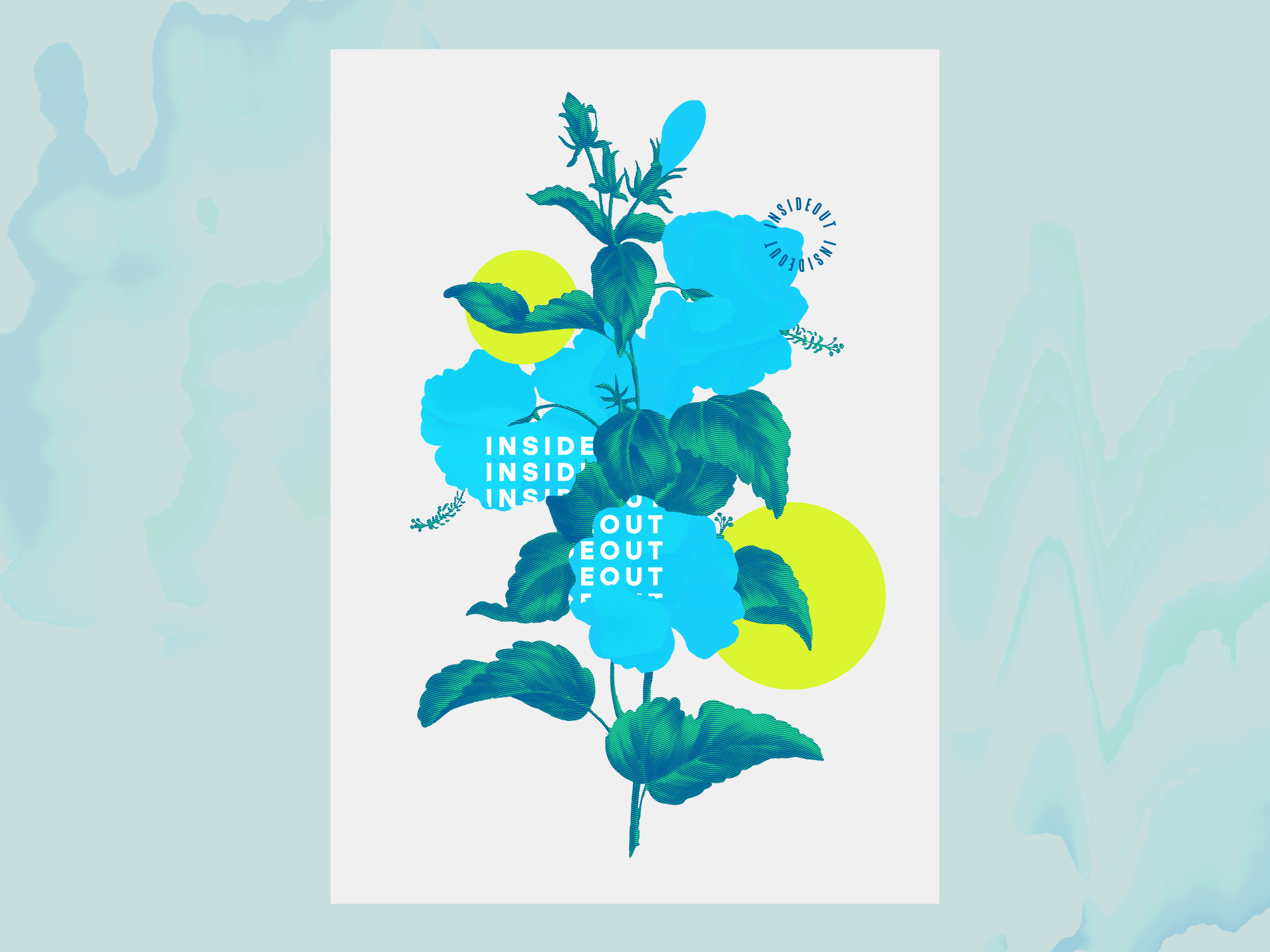 Spring Flora Designs - InsideOut blobs collage cyan floral halftone line leaves linetone plants posters spring title pack vibrant vintage illustration