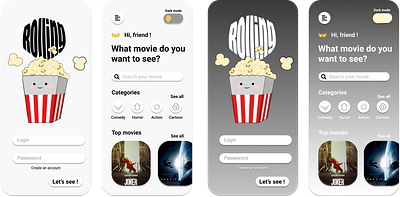 Application Cinéma - Light et Dark Mode app branding design figma graphic design illustration illustrator logo mobileapp typography ui ux vector