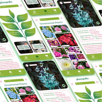 Plantpedia-UI Design of a plant guide application app branding design logo mobiapplication nature plantapp plants ui uidesign uitrends userinterface