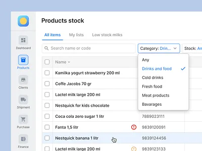 Product list with filter. Sales management admin admin design admin ui ecommerce filter product list saas save filter shipment management ui warehouse wms