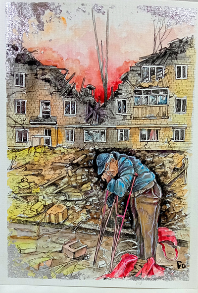 War in Ukraine Watercolor Painting - Emotional Scene Elderly Man art building hand painted house illustration man paint painting people ukraine war