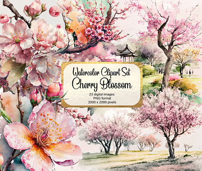 Watercolor Cherry Blossom Set apple blossom png cherry blossom cherry blossom png early spring flower floral clipart free commercial use garden clipart graphic design illustration japan clipart sakura clipart spring clipart summer png bundle watercolor illustrations
