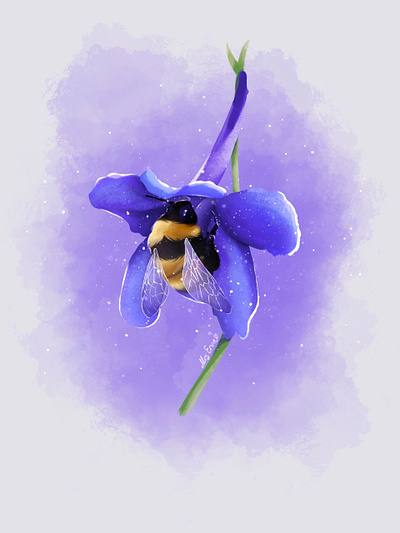 WATERCOLOR Summer bee on a blue flower art illustration