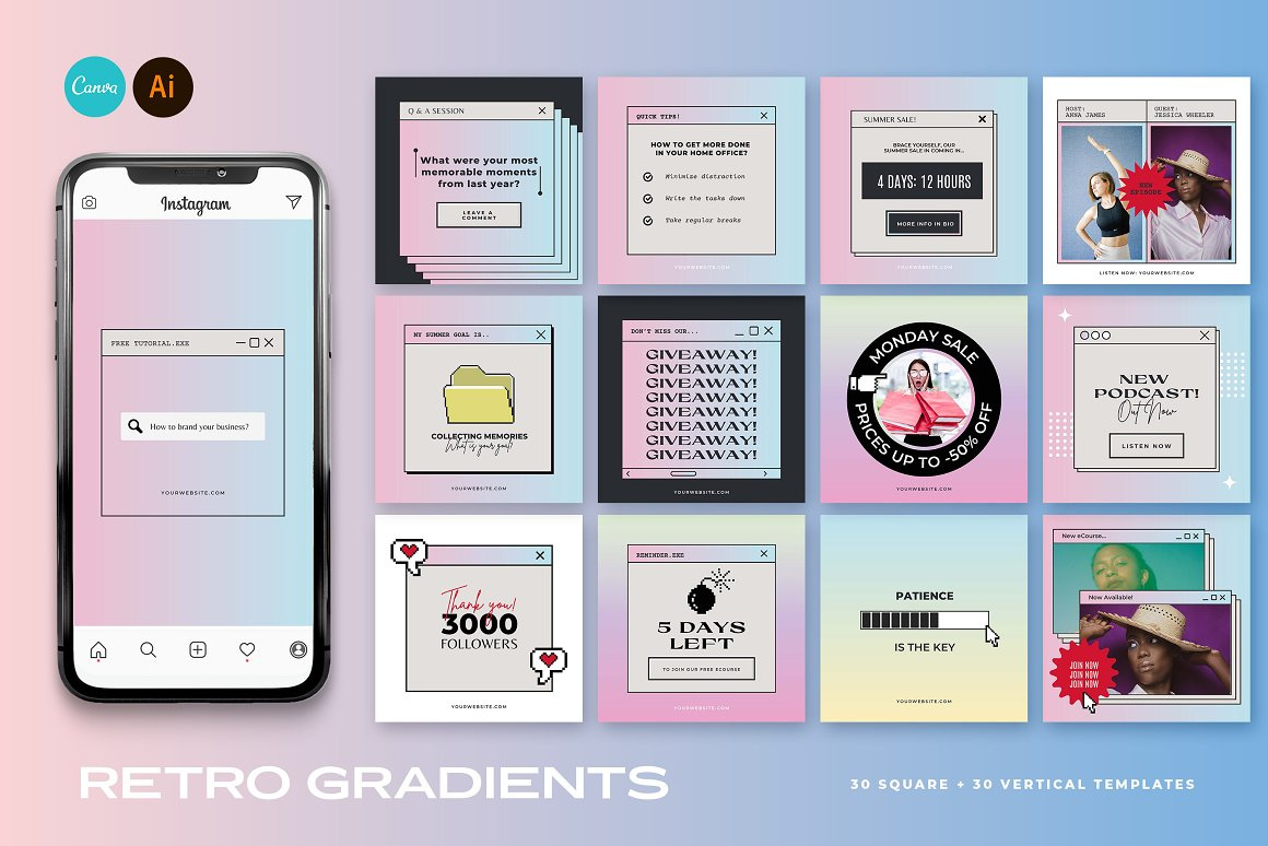 Retro Gradient Instagram Templates branding instagram instagram banner instagram post instagram post template instagram posts instagram posts template instagram stories instagram stories template instagram story instagram story template instagram template instagram templates social media social media banner social media pack social media templates socialmedia stories ui