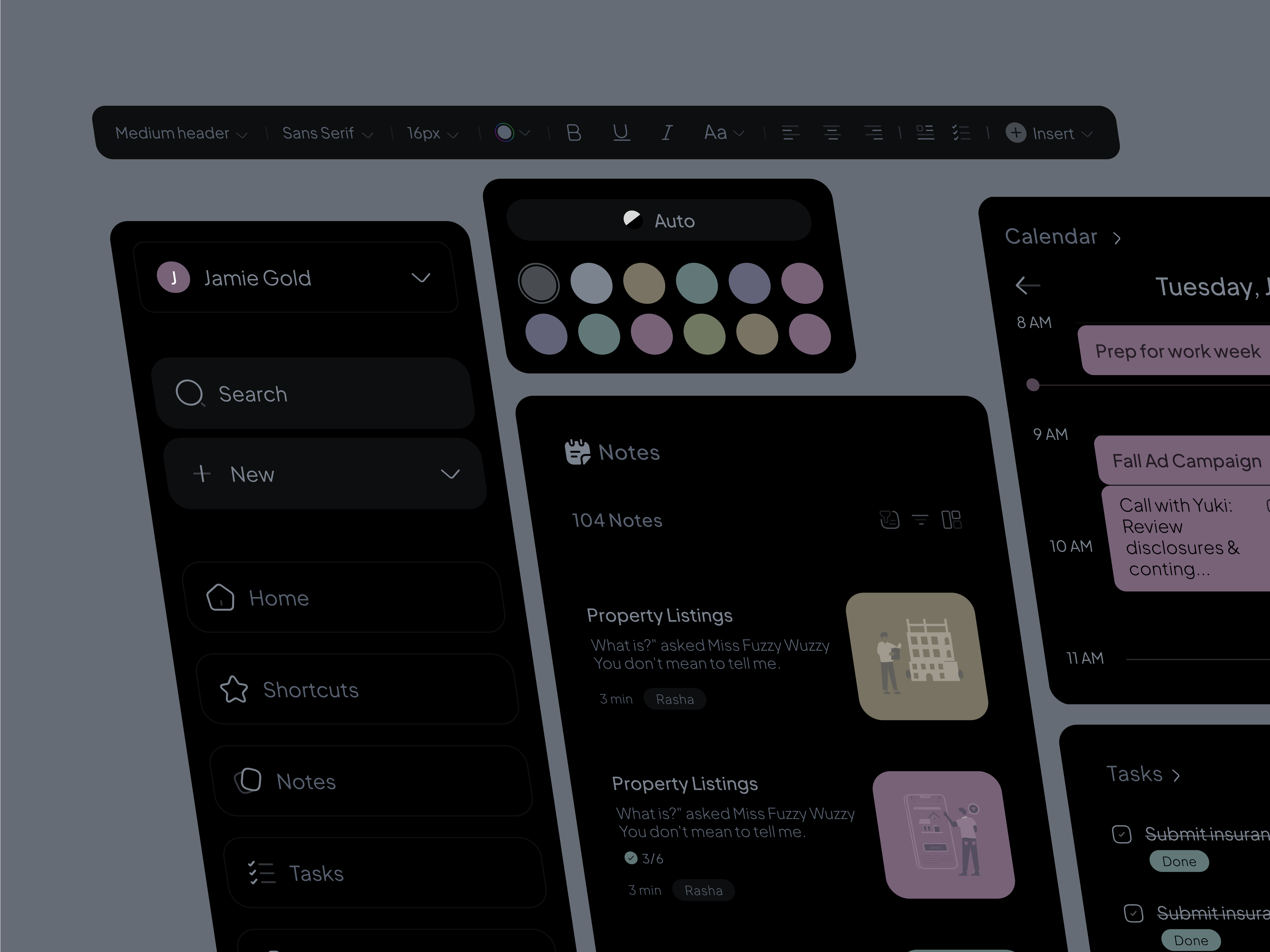 Productivity tool ui design | Task, Todo, Schedule, meeting calendar card component design designsystem editor panel interaction menu minimal product design project tasks saas saas tool schedule task task web app tasks saas typography edit uidesign uxdesign webdesign